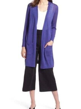 HALOGEN Long Linen Blend Cardigan In PURPLE ORIENT Size M